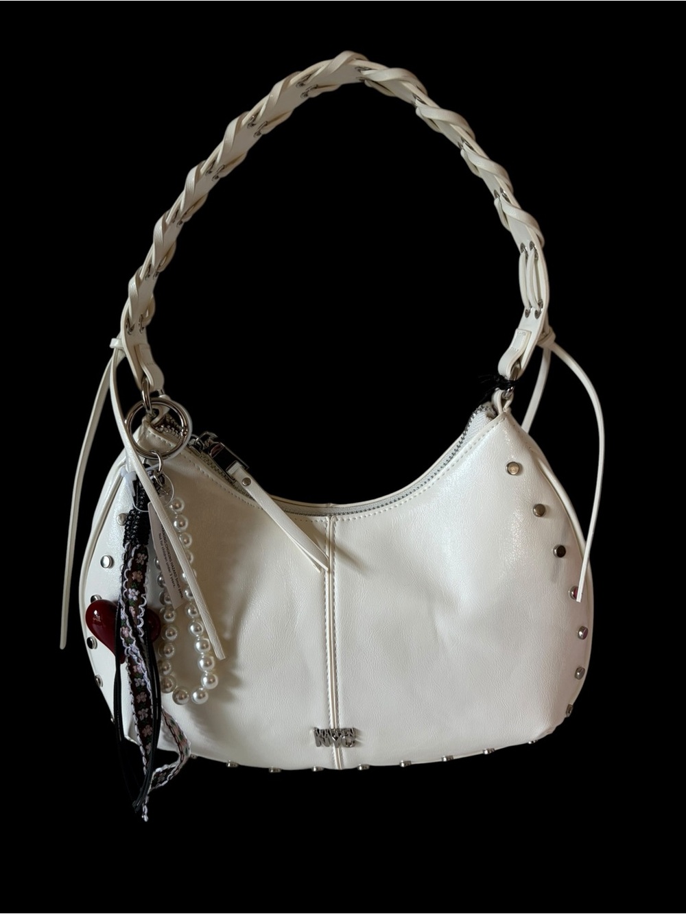NWT Madden NYC Y2K Inspired White Half Moon Stud Shoulder Charm Bag Festival